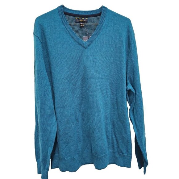 Club Room MensTeal Merino Wool Sweater Large Long Sleeve V-Neck Pullover NEW - Picture 1 of 8